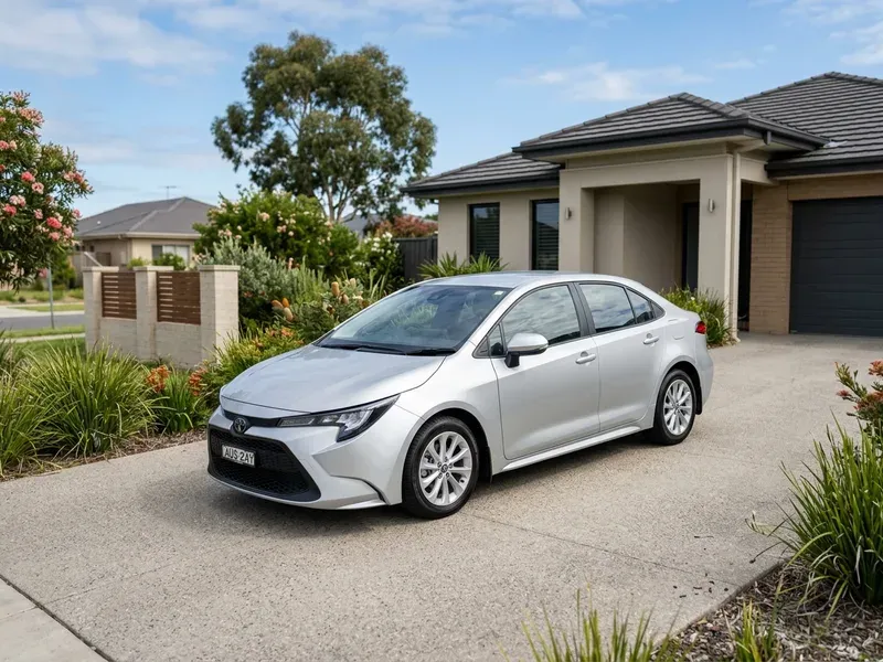 A clean compact sedan parked in a neat suburban Australian driveway in natural morning light