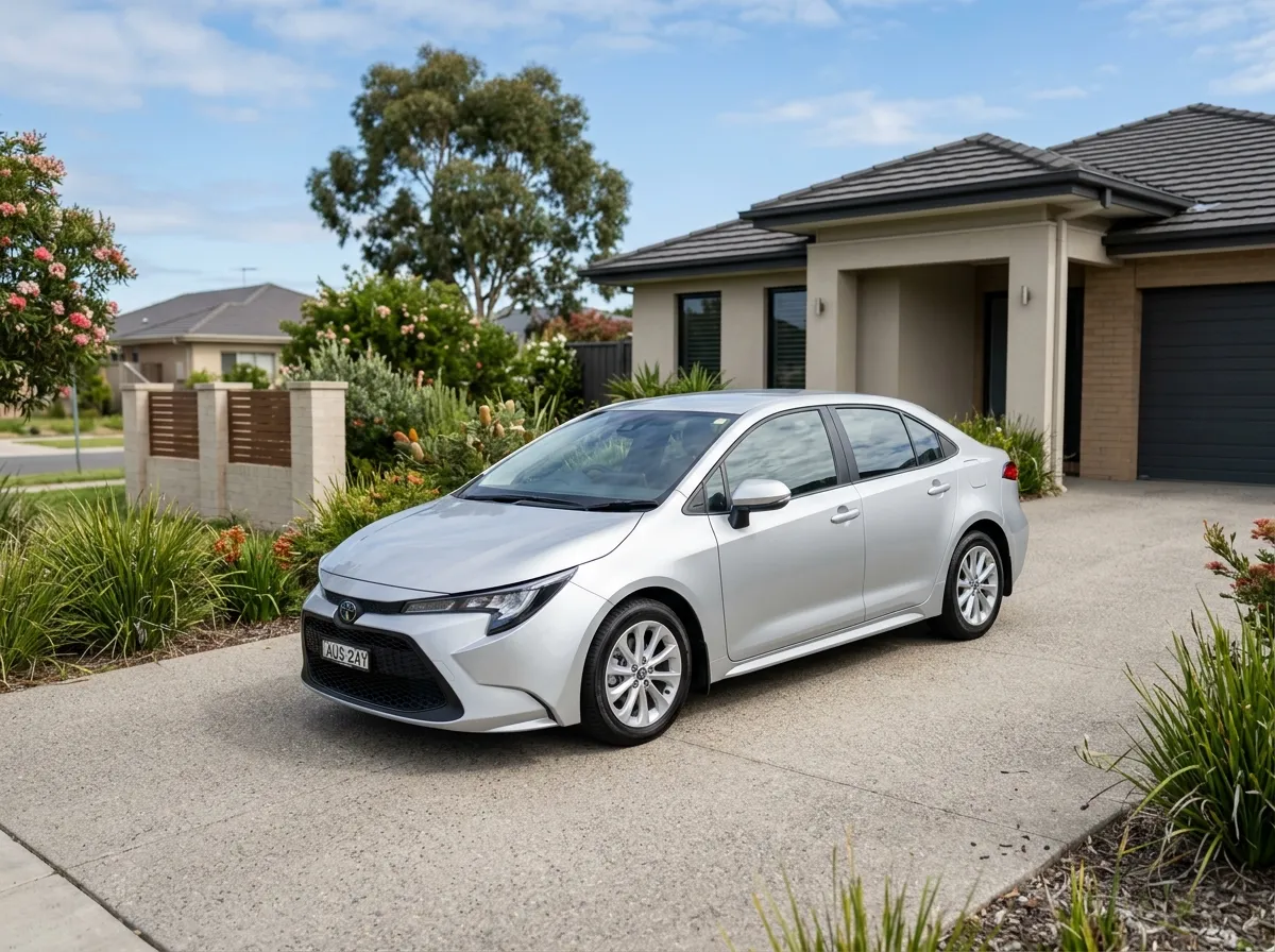 A clean compact sedan parked in a neat suburban Australian driveway in natural morning light