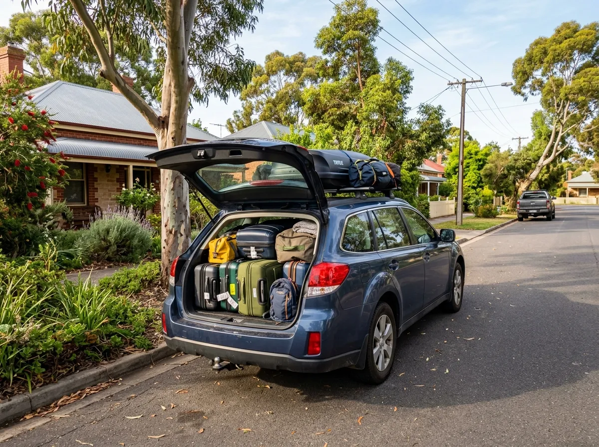 A family station wagon loaded with luggage in a leafy Australian suburban street, ready for an extended road trip