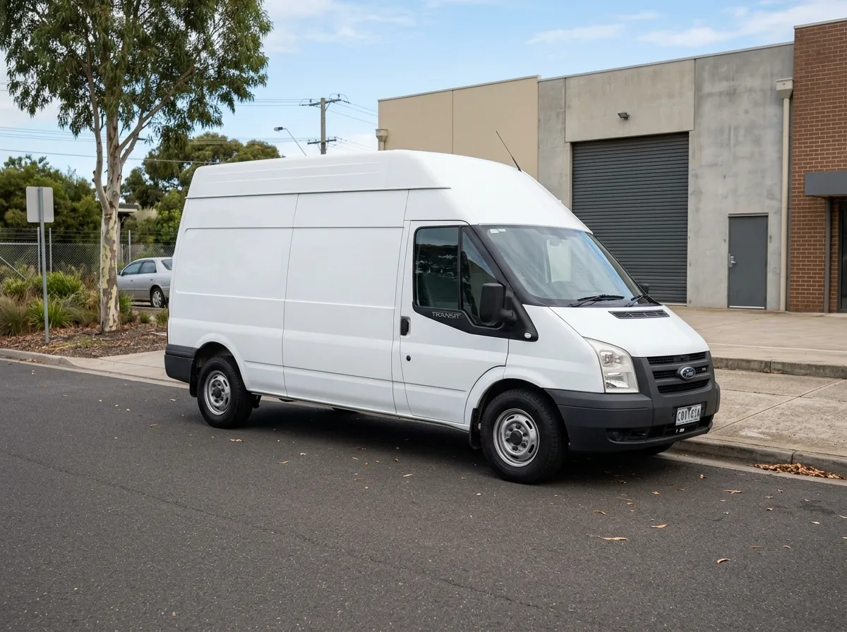 A clean white unbranded commercial van parked in a suburban light industrial setting in natural daylight